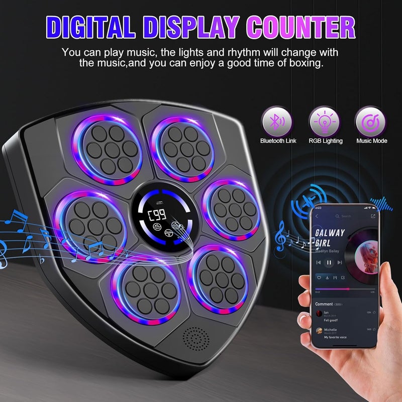 laapee Music Boxing Machine Smart with Rhythm LED – Wall Mounted for Adults & Kids – Incl. Adult Gloves, Headband & 3 Reflex Balls – 9 Modes, Bluetooth Music Sync, Home/Office/Gym Sturdy Fitness Set - Image 2